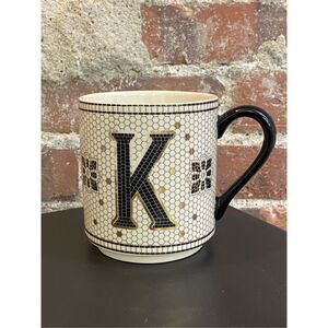 “K” Initial by Anthropologie Black/White/Gold Penny Tile Rosette Pattern Tea Cof